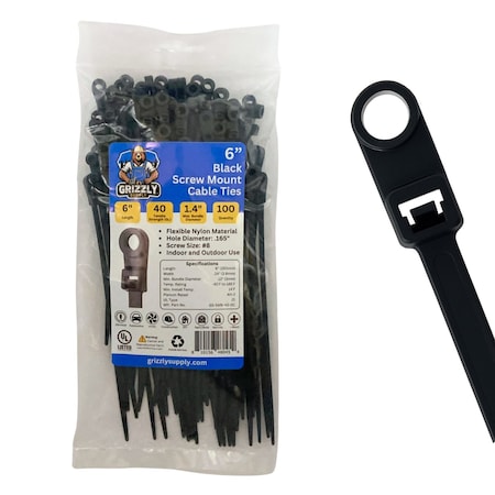 Grizzly Supply Screw Mount Cable Tie, 6 in L, 40 lb Strength, 1.4 in Max Bundle Dia, Nylon, UV-Rated, Black, 100PK GS-SM6-40-0C
