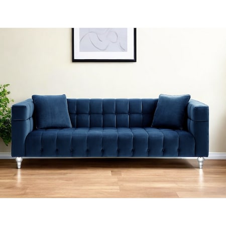 Homeroots 88" Navy Blue Velvet Sofa And Toss Pillows With Clear Legs 543979