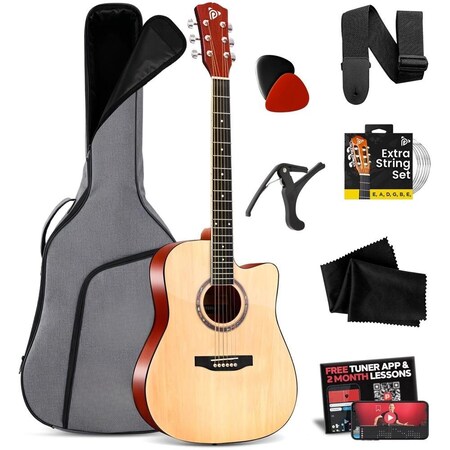 Pyle Full Size Acoustic Guitar Kit, Steel String, Dreadnought Cutaway, with Capo, Upgraded Gig Bag PGA480NT