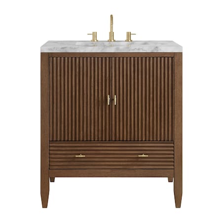 James Martin Vanities Myrrin 30" Single Vanity, Mid-Century Walnut w/ 3 CM Carrara Marble Top 485-V30-WLT-3CAR