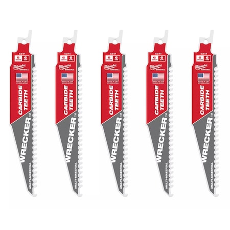 Milwaukee Tool 6 in. 6 TPI SAWZALL THE WRECKER with CARBIDE TEETH Multi-Material Reciprocating Saw Blade (5 pk) 48-00-5541
