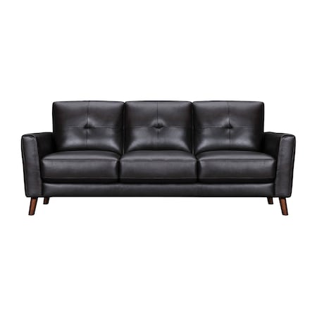 Homeroots 82" Black Leather Sofa With Brown Legs 546416