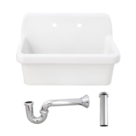 Kingston Brass 30" Ceramic Single Bowl Wall Mount Kitchen Sink with Strainer, White/Polished Chrome KGPKWS3019181