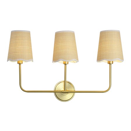Jonathan Y Lila 26.5" 3-Light Traditional Coastal Scalloped Fabric Shade/Metal LED Vanity Light, Brass Gold/Brow JYL1609A