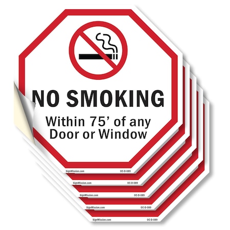 Signmission No Smoking Within 75' Of Any Door o, 4 inch X 4 inch, Vinyl Decal, 5PK OC-D-5PACK-4-89
