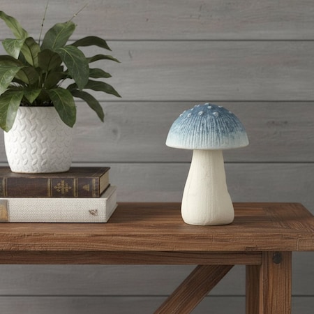 Homeroots 6" Blue And Off White Cast Iron Mushroom Tabletop Sculpture 634476