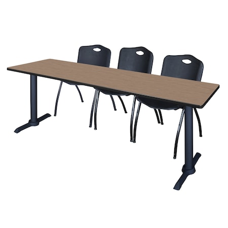 Regency Cain T-Base Training Seminar Table W/ 3 M Stack Chairs, 84 in W, 24 in L, Noble Oak MTRCT8424NO47BK