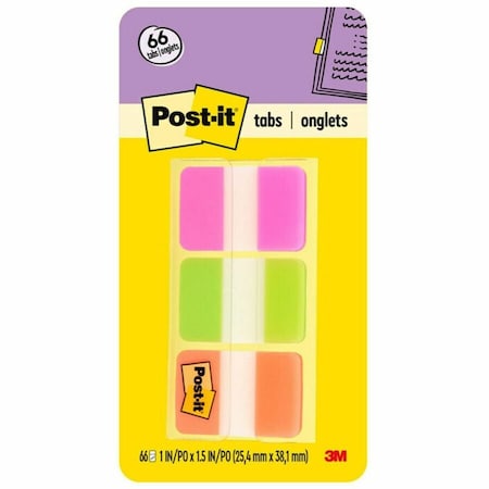 3M Post-it Durable Tabs, 1" Solid, Pink/Green/Orange, 22 Tabs/Color, 66 Tabs/Dispenser 686PGO