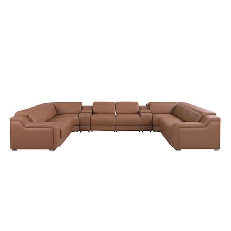 Homeroots Chestnut Italian Leather Power Reclining U Shaped ten Piece Corner Sectional With Console 632584