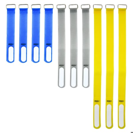 Grizzly Supply Cinch Strap, 5, 8, 12 in L, 0.75 in W, Hook and Loop Closure, Reusable, Blue, Gray, Yellow, 10PK GS-HLCS5x8x12