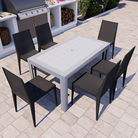 Leisuremod Mace 7-Piece Outdoor Dining Set with Rectangular Table and Stackable Chairs, White/Black MT55WC19BL6