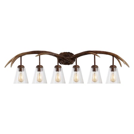 Jonathan Y Wyatt 45" 6-Light Southwestern Bohemian Resin/Seeded Glass Faux Antler LED Vanity Light, Brown Wood F JYL6317A