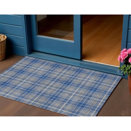 Homeroots 3' X 5' Gray Blue And Ivory Plaid Washable Indoor Outdoor Area Rug 597105
