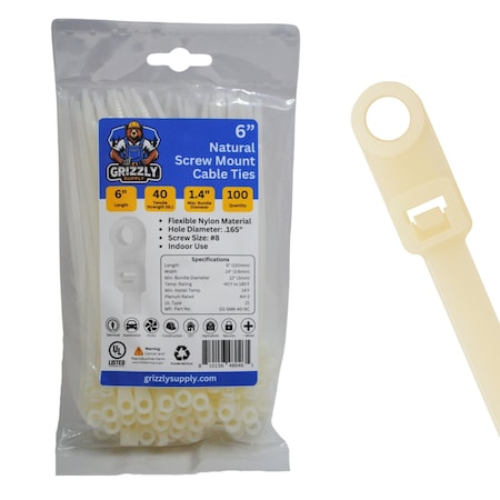Grizzly Supply Screw Mount Cable Tie, 6 in L, 40 lb Strength, 1.4 in Max Bundle Dia, Nylon 6/6, Natural, 100PK GS-SM6-40-9C