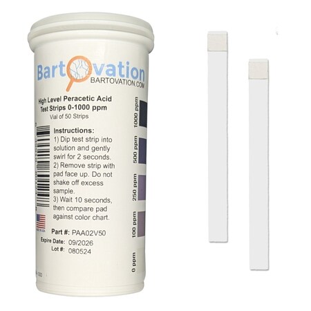 Bartovation High-level Peracetic Acid Test Strips, 0-1000 ppm [Vial of 50 Strips] PPA02V50