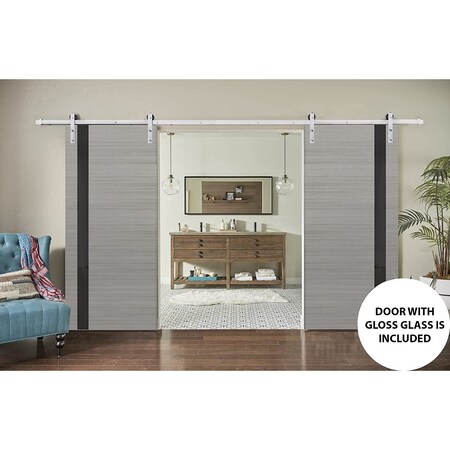 Sartodoors Sturdy Double Barn Door, Planum 0040 Grey Oak with Black Glass, Silver 13FT Rail Hangers Heavy Set,  PLANUM0040DB-S-SS-36
