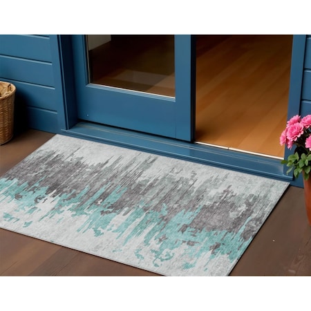 Homeroots 3' X 5' Teal Blue Charcoal And Silver Abstract Washable Indoor Outdoor Area Rug 582410