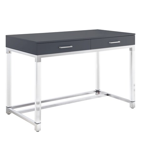 Homeroots 48" Dark Gray and Silver Wood Acrylic and Stainless Steel Writing Desk With Two Drawers 543748