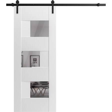 Vdomdoors Modern Barn Door Opaque Glass Sete 6999 White Silk with Mirror 6.6FT Rail Track Heavy Hardware Set SETE6999BD-B-WS-3084