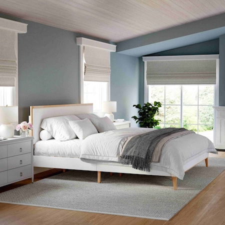 Martha Stewart Flynn King Size Solid Wood Platform Bed with Upholstered Base and Inset Headboard, Wood Slat Bottom MG-0900272F-LTB-K-WH-MS