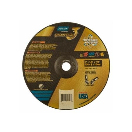 Norton Co Quantum3 SG CA Type 27 Grinding Wheel, 9 in dia, 1/8 in Thick, 7/8 in Arbor, 24 Grit, Ceramic, 20PK 547-66252839432