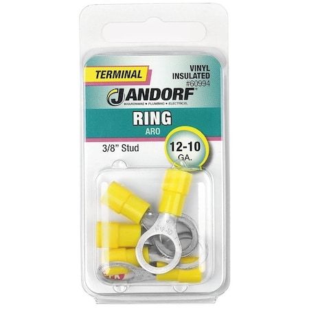 Jandorf Ring Terminal, 12 to 10 AWG Wire, 3/8 in Stud, Vinyl Insulation, Copper Contact 60994