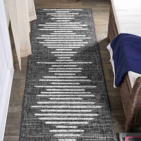 Jonathan Y Zolak Berber Stripe Geometric Black/Ivory 2 ft. x 8 ft. Indoor/Outdoor Runner Rug SMB124E-28