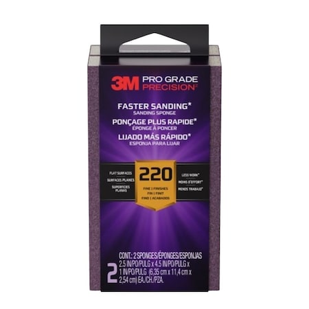 3M Faster Sanding Block Sponge, 2-1/2 in L, 4-1/2 in W, 220 Grit, Fine, 2PK FSB220-PGP-2T