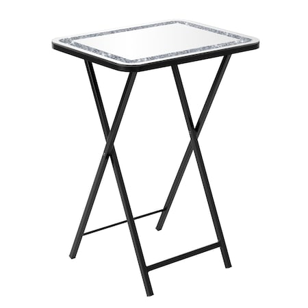 Homeroots 20" Silver and Black Mirrored Glass Faux Crystal And Metal Folding Tray Table 641951