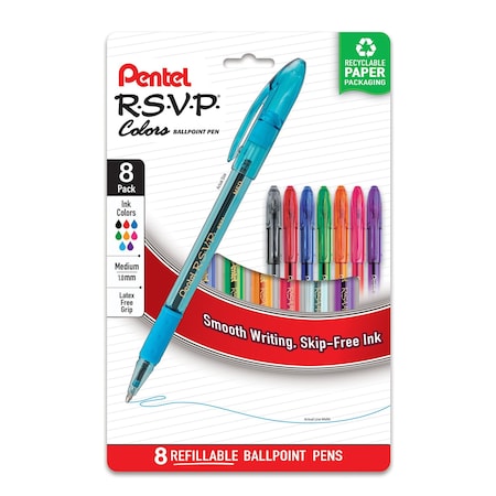 Pentel R.S.V.P. Colors Ballpoint Pen, (1.0mm), Assorted Ink, 8PK BK91CRPF8M