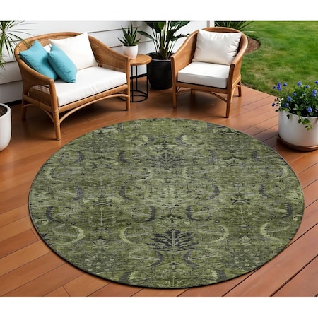 Homeroots 8' Olive Green And Charcoal Round Damask Washable Indoor Outdoor Area Rug 603331