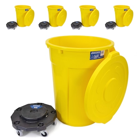 Magnum Tool Yellow 55 Gallon Trash Can Set (Trash Can, Quiet Dolly, and Reinforced Lid) (5 Set) CMTC-CLD0-55Y05