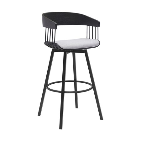Armen Living Athena 31in Swivel Black Wood Bar Stool in Light Gray Fabric with Black Metal LCATBABLKLTGR30