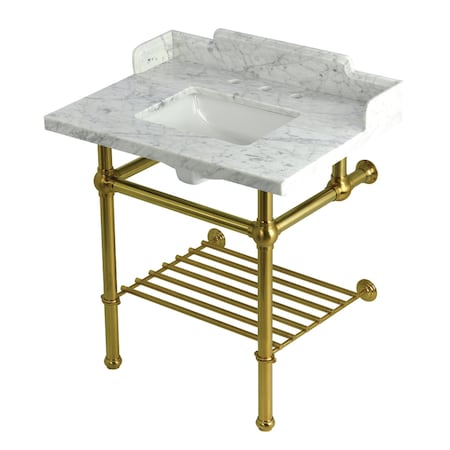 Kingston Brass 30-Inch Carrara Marble Console Sink with Brass Legs and Shelf, 8-Inch, 3-Hole LMS3030MBSQB7