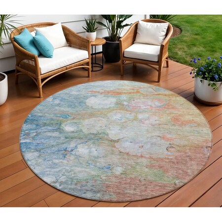 Homeroots 8' Copper Blue And Artichoke Green Round Abstract Washable Indoor Outdoor Area Rug 582166