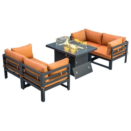 Leisuremod Chelsea 5-Piece Sectional Loveseat and Fireplace Set Black Aluminum with Orange Cushions CSFCBL-4OR