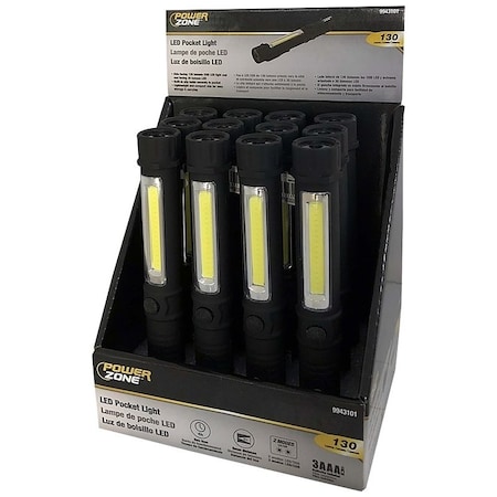 Powerzone Pocket Flashlight, AAA Battery, LED Lamp, 130 Lumens, 8 m Beam Distance, 4 hrs Run Time, Black 18101020