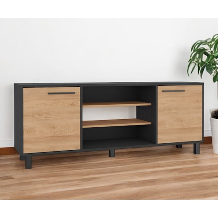 Homeroots 59" Black And Natural Wood Enclosed and Open Storage TV Stand 535164