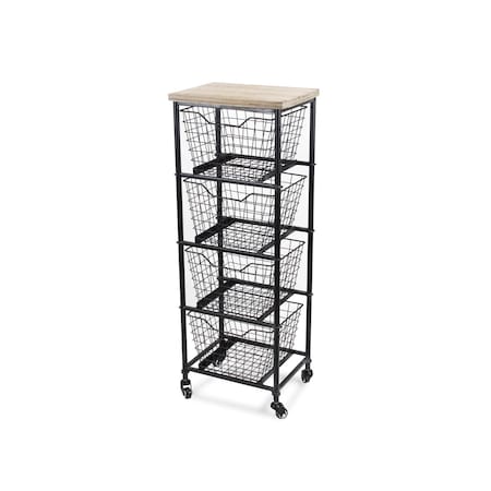 Homeroots 41in Black And Natural Metal And Wood Basket Storage Rolling Cabinet 488862