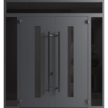 Vdomdoors Front Exterior Prehung Aluminum Double Doors Ronex0130 Grey 2 Sidelights and Top Transom Mirrored RONEX0130DEXD-GRE-W16+72+16xH80+12-RH-I