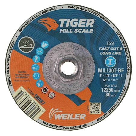 Tiger Mill Scale 5 in x 1/8 in Grinding Wheel, Type 29, MILL30T, 5/8 in-11 A.H. 58087