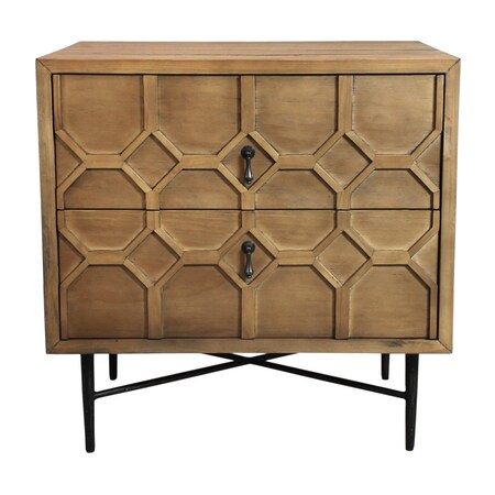 Homeroots 28" Natural Two Drawer Distressed Carved Geometric Solid Wood Nightstand 569606