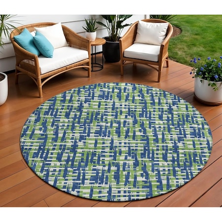 Homeroots 8' Navy Blue Green And Ivory Round Abstract Washable Indoor Outdoor Area Rug 602577