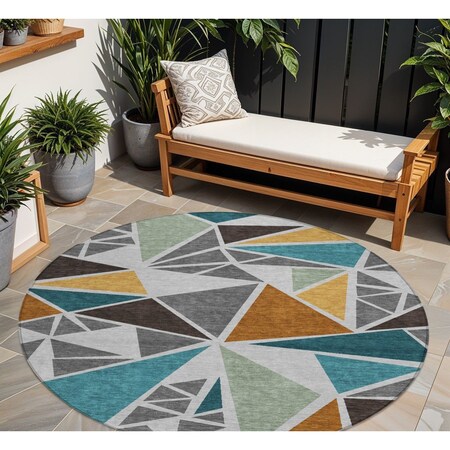 Homeroots 8' Gray Copper And Brown Round Geometric Washable Indoor Outdoor Area Rug 600368