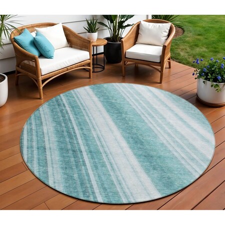 Homeroots 8' Teal Blue Turquoise And Aqua Round Striped Washable Indoor Outdoor Area Rug 615015
