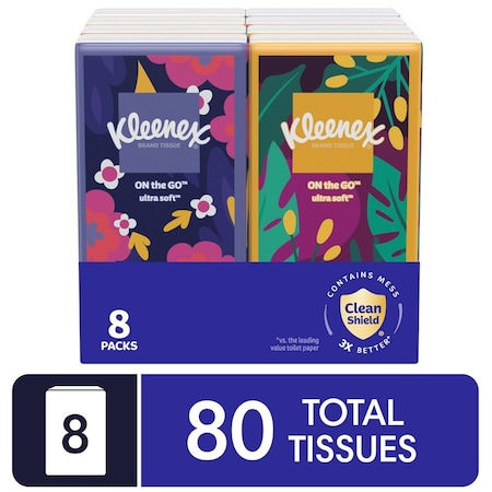 Kleenex Facial Tissues, Soft Pack, On-The-Go, 80 Sheets/Pack, 3 Ply, 8 PK 46651