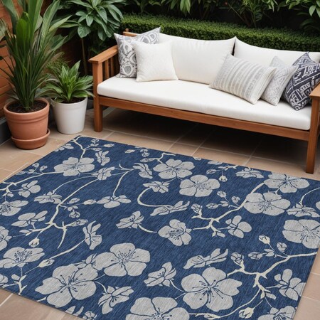 Homeroots 10' X 14' Navy Blue And Gray Floral Washable Indoor Outdoor Area Rug 600029