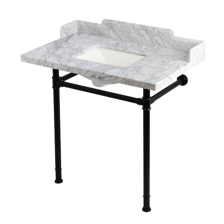 Kingston Brass 36-Inch Carrara Marble Console Sink with Stainless Steel Legs, 8-Inch, 3-Hole KMS36227M38SQ0