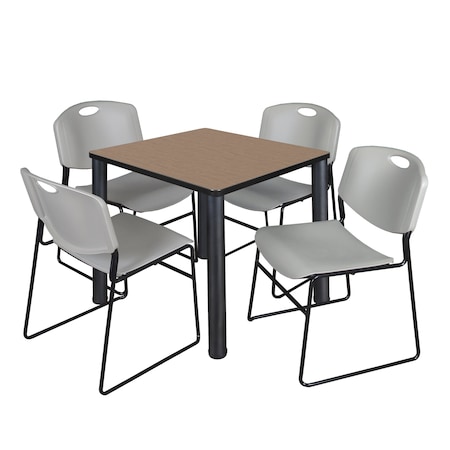 Regency Square Kee Breakroom Table W/ 4 Zeng Stack Chairs, 30 in W, 30 in L, Noble Oak TB3030NOBPBK44GY