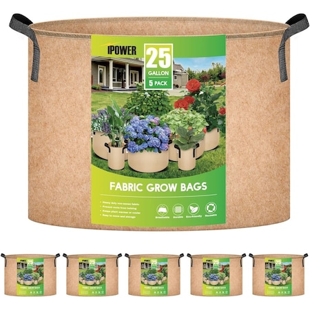 Ipower Grow Bag, 25-gallon, 5-pack, Tan, 5PK GLGROWBAG25X5TAN